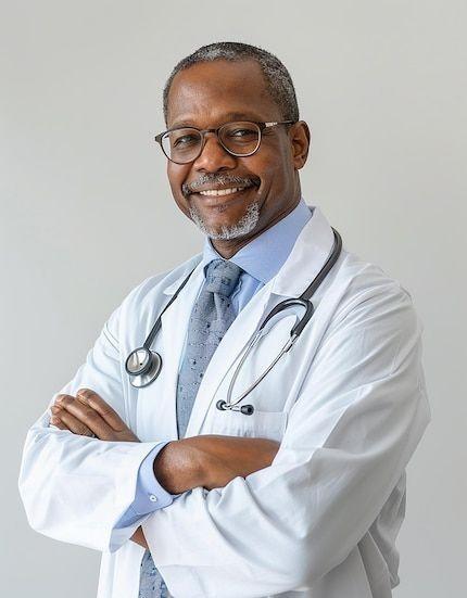 African doctor in professional lab coat smiling
